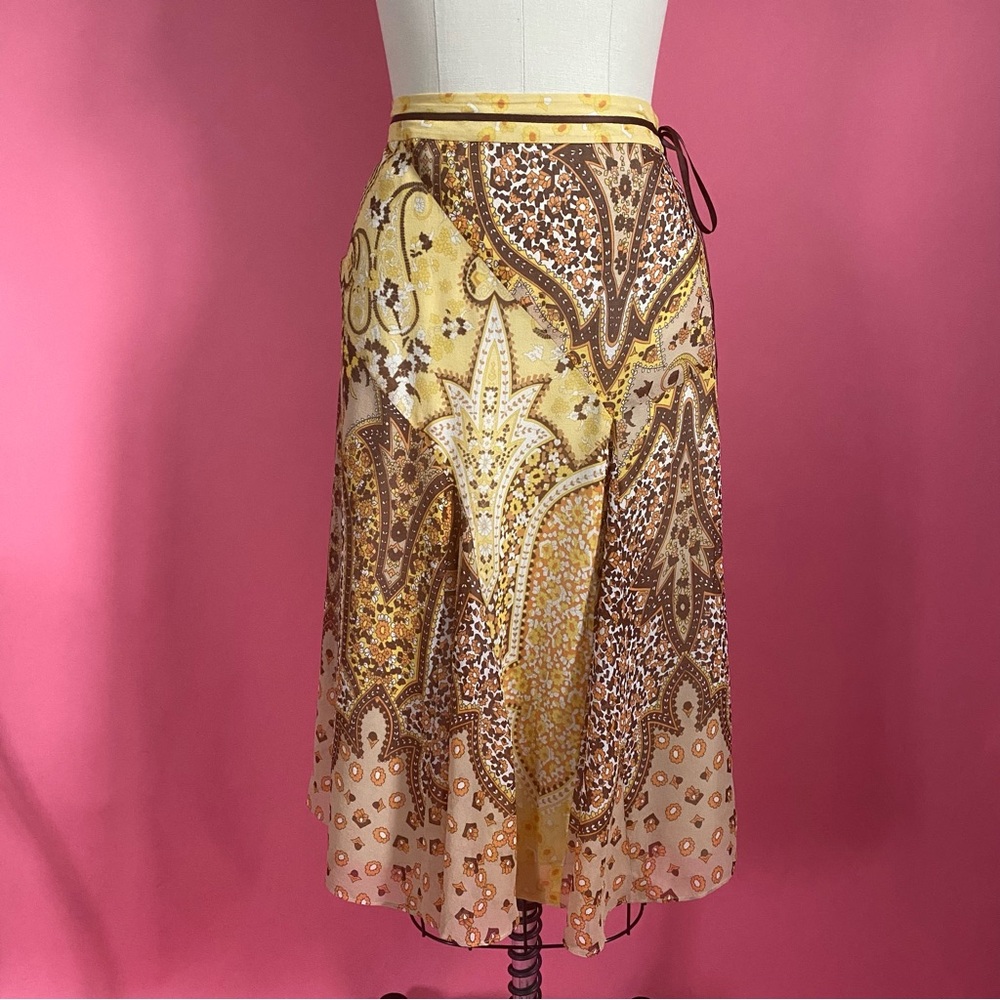 Vintage Y2K ✨SILK✨ Charming Boho Grunge Paisley Chiffon Brown Yellw Midi Skirt 4